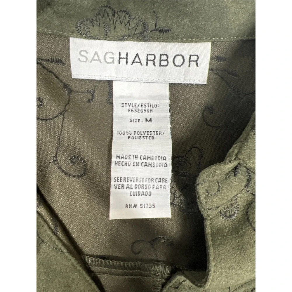 Vintage Sag Harbor Embroidered Green Floral Button‎ Up Shirt Womens SZ M